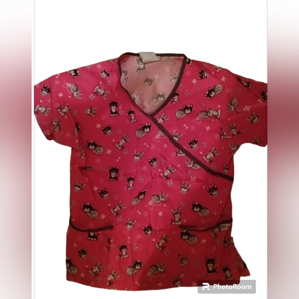 UA Scrubs Grey & Black Kitten Print Scrub Top Fushia Pink